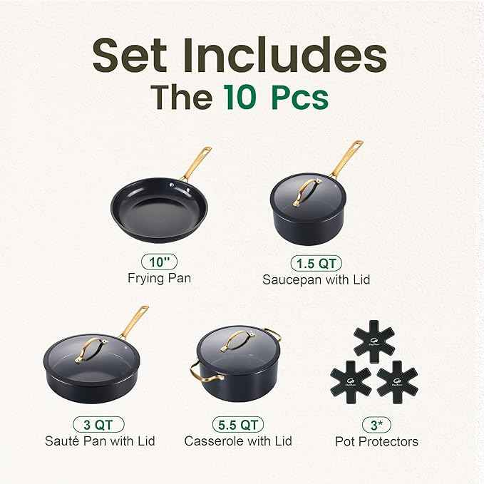 Chef Power Ceramic Cookware Sets, 10Pcs Pots and Pans Set Non Stick, Cookware Set with Stainless Steel Handle, Dishwasher & Oven Safe, Stone Black and Light Gold Handle