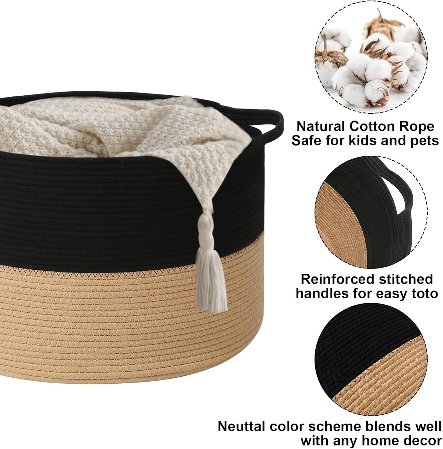 Large Blanket Basket for Organizing,115L Closet Organizers and Storage Bins Box for Shelves Woven Rope Storage Baskets,Living Room,Bedroom,Dorm,Laundry room (Black&Camel)