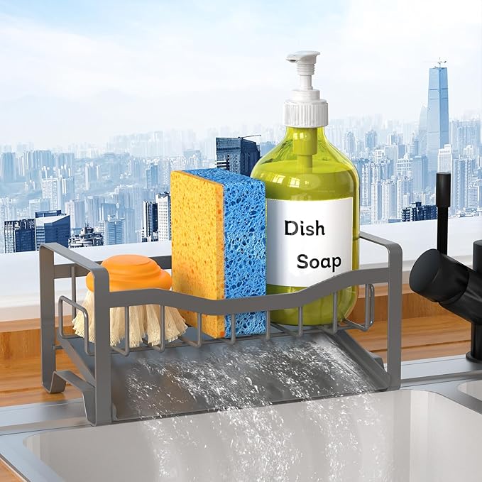 Maifan Stainless Steel Kitchen Sink Caddy Organizer with Auto Drain Tray, Sponge Holder for Countertop Storage Dark Gray