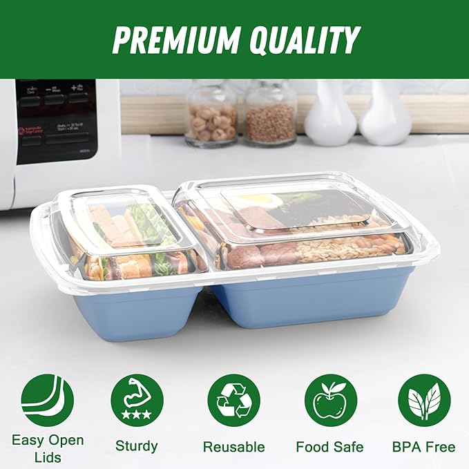 Dealusy 50 Pack (100-Piece) 28 oz Meal Prep Containers Reusable with Lids 2-Compartment, Sturdy Leakproof Food Safe, Microwave Freezer Dishwasher Safe, To Go Take Out Plastic Food Storage, Blue
