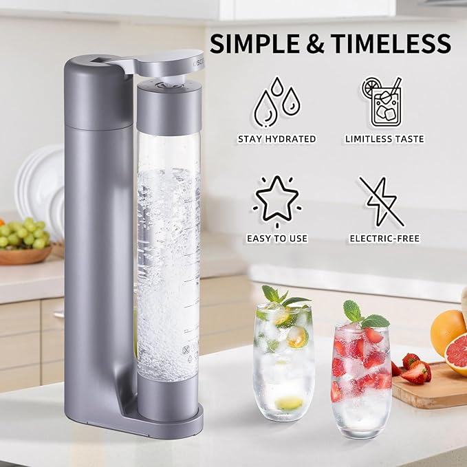 Sparkling Water Machine, Seltzer & Carbonator for Drinks, Soda Steaming Dispenser, Carbonator Machine with 2 BPA Free Bottles, Compatible with Screw-in 60L CO2 Cylinder(NOT Included), GREY