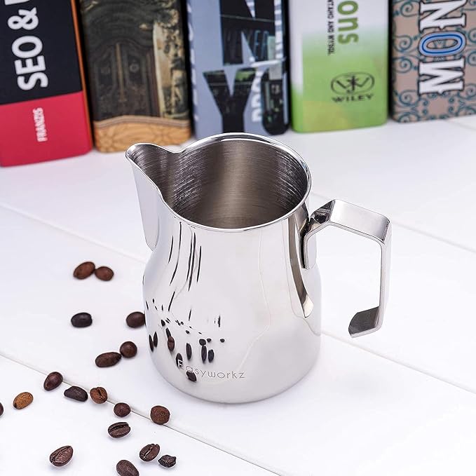 Easyworkz Espresso Steaming Pitcher Stainless Steel 15 oz Latte Art Cup, Bundled with Easyworkz Retro Stainless Steel Coffee Spoon with Black Walnut Handle,10g - Measuring Spoon (Vintage)