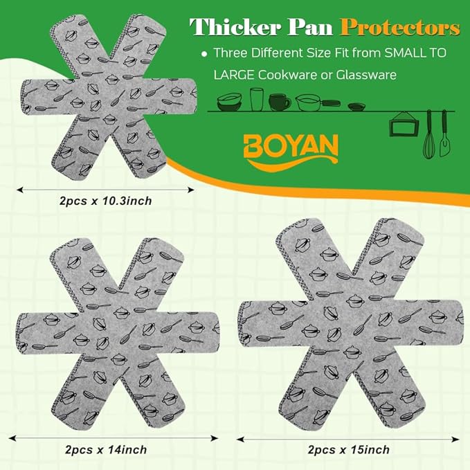 BOYAN Thicker Pot and Pan Protectors, Felt Pot Protectors for Stacking, Set of 6 & 3 Different Sizes, Pan Separators for Stacking Cookware Skillet Ceramic Saucepan Glassware