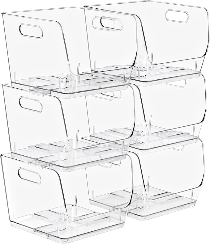 Sorbus Stackable Storage Bins Open Front, Clear Stackable Storage Bins, Pantry Bins for Storage and Organization, Acrylic Stackable Bins for Kitchen, Clear Pantry Organizer Bins (Medium Sqware 6 Pack)