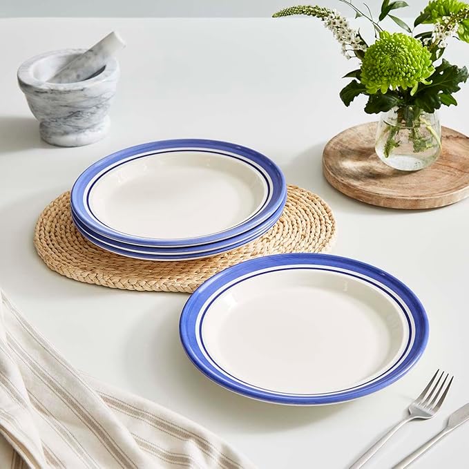 Portmeirion Potter's Stripe Dinner Plate (Set of 4) - 10.5" Earthenware Plates with Classic Striped Rim - Microwave, Dishwasher, Freezer, Oven Safe - Ideal Modern Dinnerware Set (Blue Stripe)