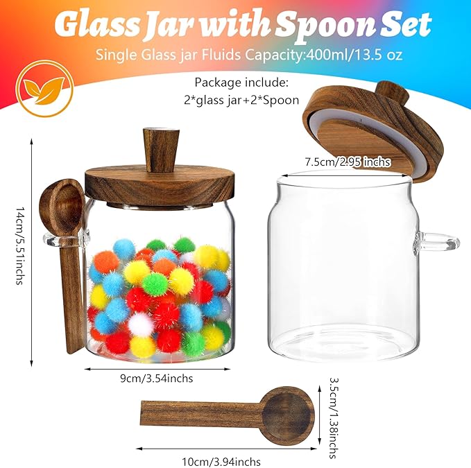 Glass Food Storage Jar with Lids Spoon Glass Coffee Canister Borosilicate Glass Food Containers for Ground Coffee Beans Nut Pasta Sugar Candy Spice Rice Tea (400ml/13.5oz-2 pcs-with spoon)