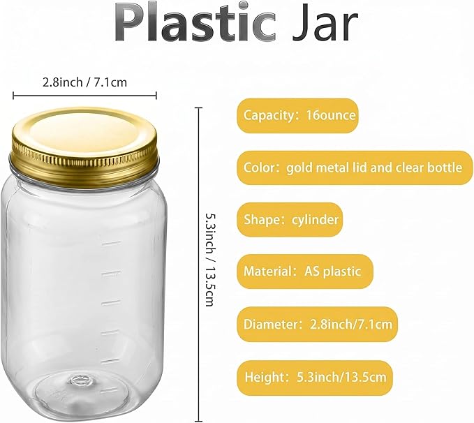 novelinks 16 oz Clear Plastic Jars with Lids, Refillable 16oz Mason Jars with Lids & Storage Containers for Kitchen & Household Use (5 Pack,Gold)