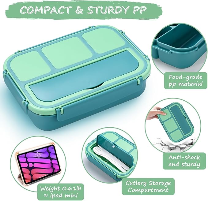 QQKO Bento Box for Kids Adults, School Toddler Lunch Box for Boys Girls, Lunch Box Containers with 4 Compartments, Sauce Container, Utensils, Food Picks and Muffin Cups for School, Green