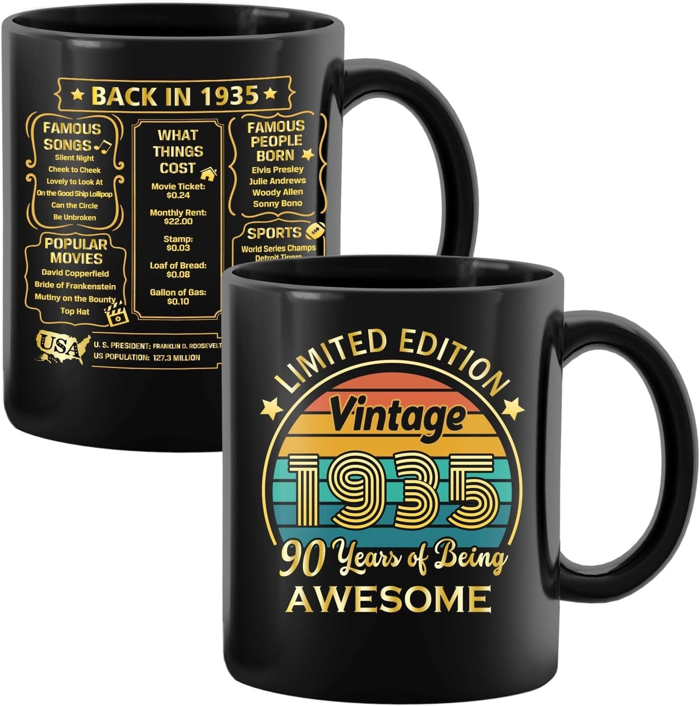QUPT 90th Birthday Gifts for Women Men, 90th Birthday Gifts for Him, 1935 Birthday Gifts for Women Men, 90 Years Old Gifts, 1935 Birthday Gifts for Her Him, 90th Birthday Presents Coffee Mug