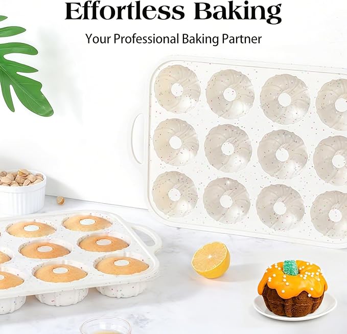 Vinino 2 Pcs Silicone Mini Fluted Tube Cake Pans with Metal Reinforced Frame, 12-Cavity Mini Flan Molds, Non-stick Cupcakes Pans for Baking, Donuts, Muffins, Cornbread, Brownies, Jellies