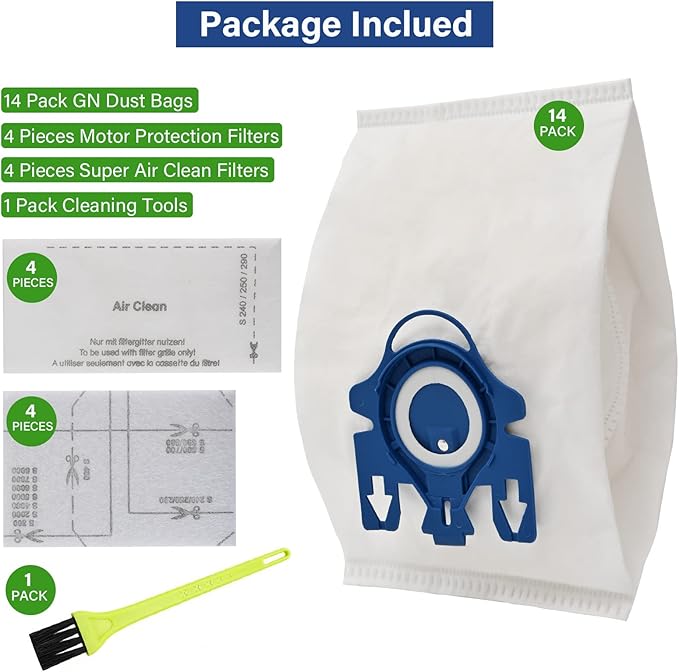 14 Packs 3D Airclean GN Vacuum Cleaner Bags Replacement for Miele Classic C1, Complete C1,Complete C2,Complete C3 S227 S240 S270 S400 S2 S5 S8 Series with 4 Motor Protection Filters,4 AirClean Filters