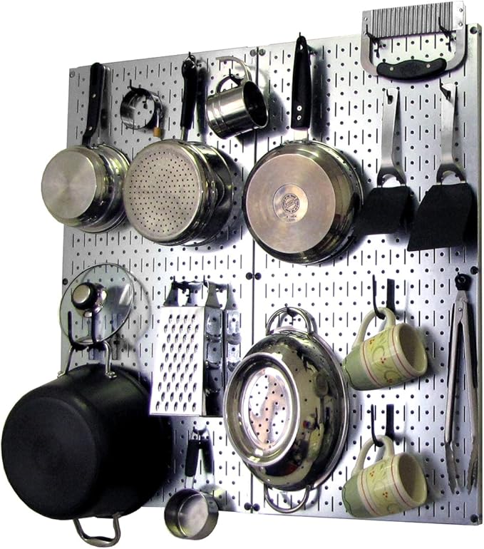 Wall Control Kitchen Pegboard Organizer Pots and Pans Storage Rack Organization Kit with Metallic Silver Pegboard and Black Accessories