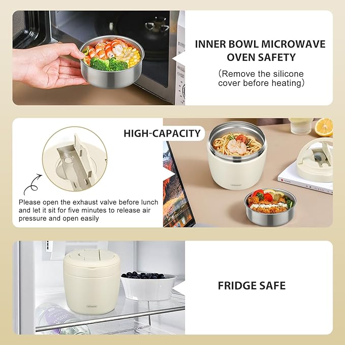 wiwens Thermo Food Jar for Hot Food Adults 32OZ Soup Thermo Lunch Containers Wide Mouth Vacuum Insulated Stainless Steel Leakproof Bento Box with Spoon (Beige)