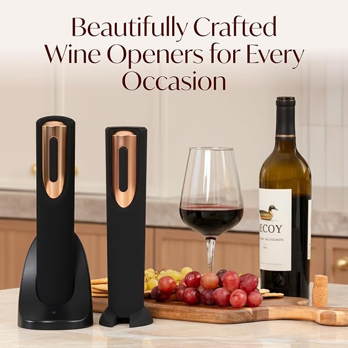 Rechargeable Electric Wine Opener + Battery Powered Electric Wine Opener Gift Bundle Set (Black & Rose Gold)