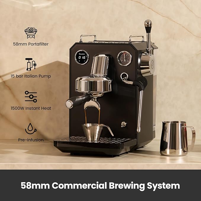 Gemilai Owl G3006 Home Espresso Machine, 58mm Commercial Group Head & PID Temp Control, Stainless Steel Coffee Maker for Barista-Quality Latte Art, Cappuccino Dual Data Display Black