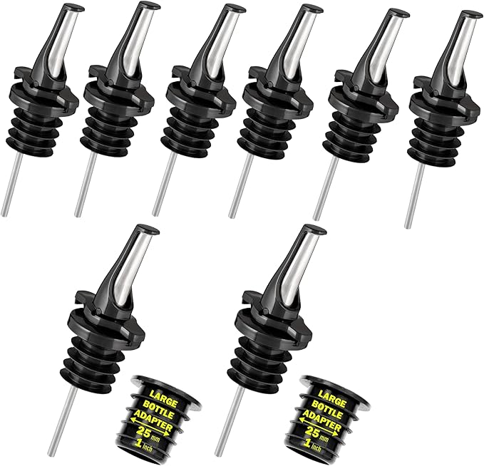 Poura 8 Liquor Pour Spouts (Black) with Built-in Caps for Optimal Fly & Dust Protection - Dishwasher Safe, Hygienic Spouts - with Adapters for Large Neck Bottles