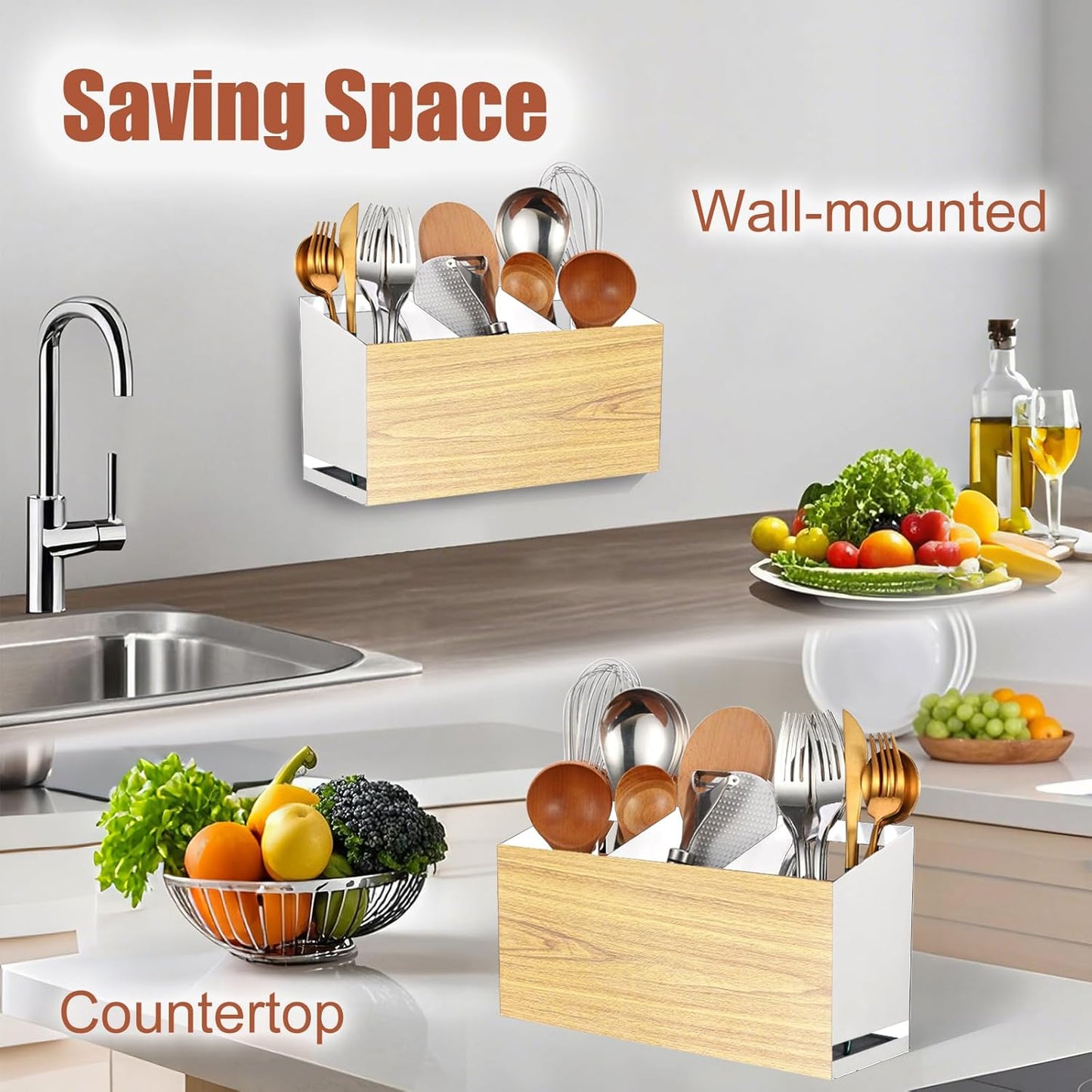 Utensil Holder Large Iron Flatware Container with 3 Compartments Countertop Wall-mounted Kitchen Utensil Storage (White)