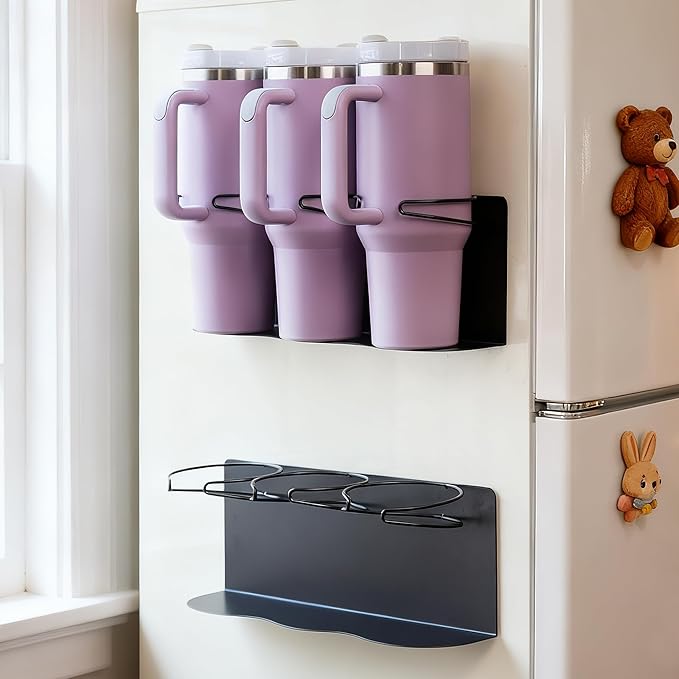 Magnetic Cup Holder for Fridge, 2 Pack Water Bottle Organizer for Stanley Cup Accessories 20/30/40 oz, Wall Mount Tumbler Organizer for Space-Saving Kitchen Pantry Cabinet Storage-Black