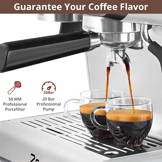 Garvee Espresso Machine With Grinder, Barista Express Espresso Machine, 20 Bar Expresso Coffee Machines with Milk Frother Steam Wand, Cappuccino & Latte Machine for Home, Silver