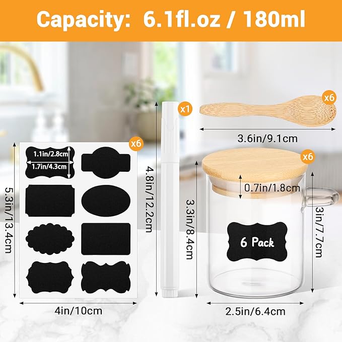 Glass Jars with Airtighr Lids - 6 Pack 6 Fl.oz Round Glass Jar with Bamboo Lid and Spoon, Includes Labels and Marker, Pantry Storage Containers for Spice, Overnight Oat, Sugar Coffee Canister