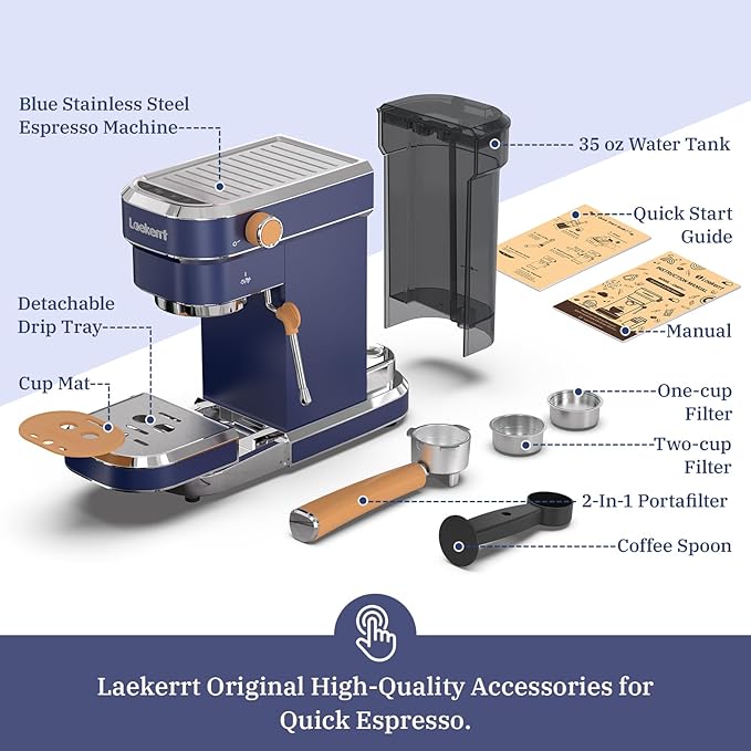 Laekerrt 20 Bar Espresso Maker CMEP01 with Milk Frother Steamer, Home Expresso Coffee Machine for Cappuccino and Latte (Navy Blue, Stainless Steel) Gift for Coffee Lovers, Father