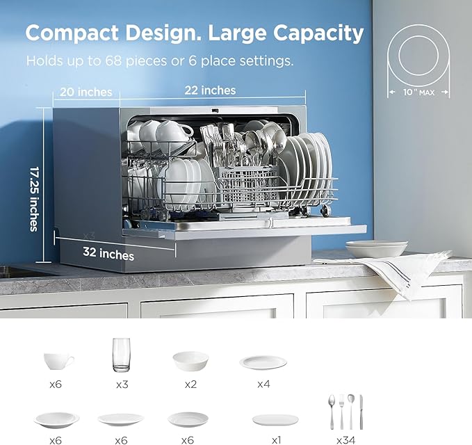 Midea MDC22P2ASS Countertop Dishwasher, 6 Place Settings & 6+2 Washing Cycles Portable Dishwashers, Energy Star Dish Washer for Dorm, RV & Apartment, Silver