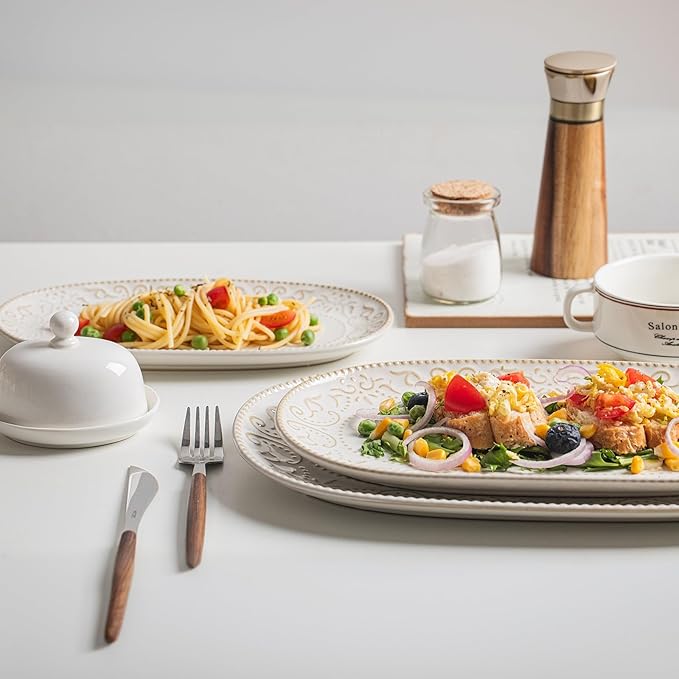 Serving Platters Set, 14"/12"/10" Oval Ceramic Serving Plates, Embossed Serving Trays for Party, Oven Dishwasher Safe, Vintage White Serving Dishes for Entertaining, Appetizers, Pasta, Sushi