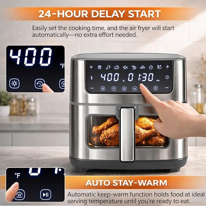 Simple Deluxe 8-in-1 Air Fryer 6.34 Qt, Digital Preset Airfryer with Visible Window, Nonstick and Dishwasher-Safe Basket, Air Fry, Chicken, Pizza, Dehydrate, Fries, 90-Min Timer, 1700W, Gray