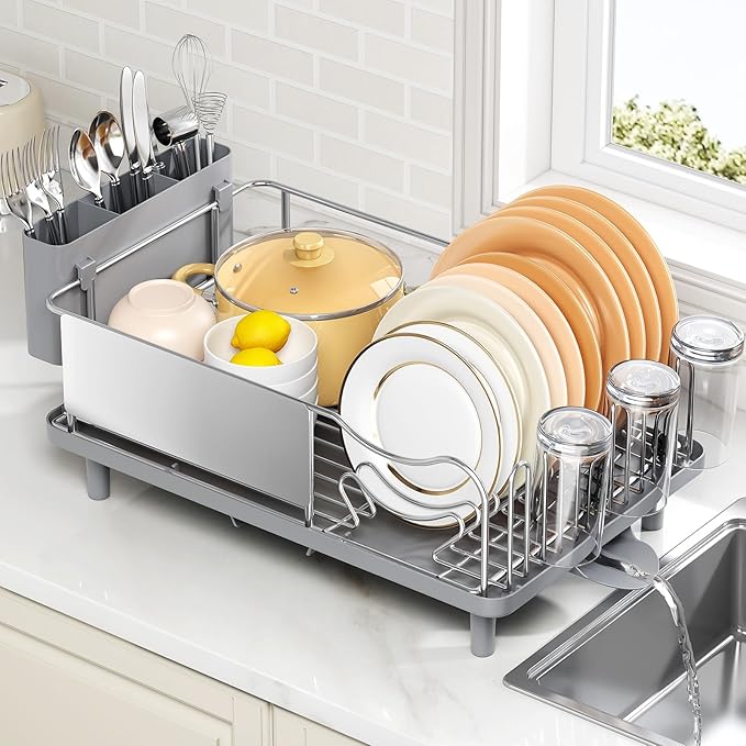 Dish Drying Rack Large Capacity - Stainless Steel Dish Rack for Kitchen Counter with Drain Board, Rustproof Dish Drainer with Auto Drain Spout Utensil Holder Glass Holder, Dinnerware Organizer, Gray