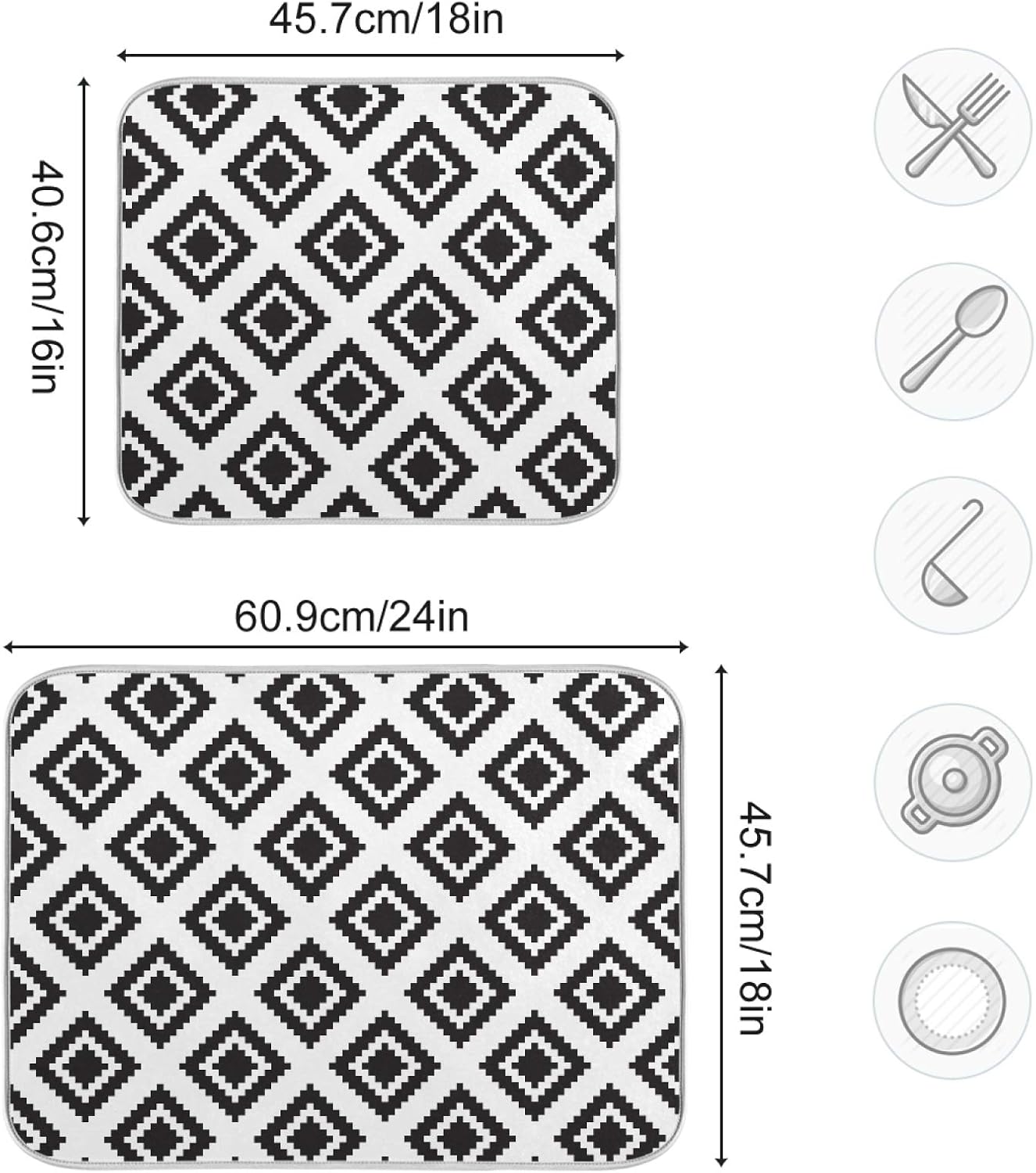 Super Absorbent Dish Drying Mat, Microfiber Fast-Drying Dish Mat, 24" x 18, Kitchen Dish Drying Pad, Grey Moroccan Rhombus Plaid