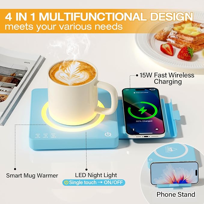 Coffee Mug Warmer, Smart Mug Warmer, 15W Wireless Phone Charging, 3 Heat Settings Temperature Controlled, 8H Auto Off, Candle Warmer, Safe for Heating Coffee, Beverage, Milk, Tea