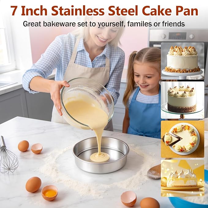 P&P CHEF 7 Inch Cake Pan Set of 2, 2 Pieces Round Layer Cake Baking Pans, Stainless Steel Smash Cake Tin Bakeware for Cooking Steaming, Nontoxic & Sturdy, Oven & Dishwasher Safe