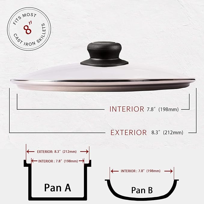 8 Inch Glass Lid for Frying Pan Lid, Fry Pan Lid, Skillet Lid, Pan Lid with Handle Compatible with Lodge 8 Inch Cast Iron Skillet - Glass Cover, 8", Clear