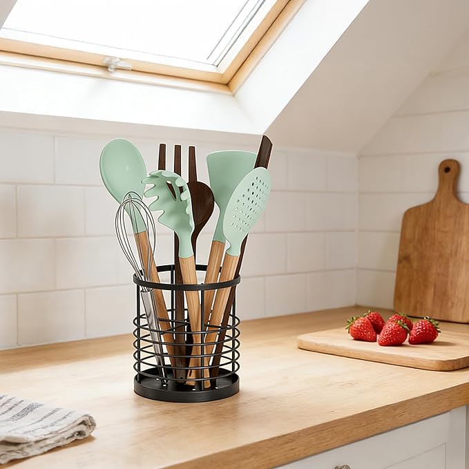 Utensil holder for Kitchen Counter - 5.2" x 5.2" x 6" Large Round Utensils Holder with Wooden Base Matte Black Cooking Utensil Holder，Kitchen countertop Utensil Organizer (Metal-1)