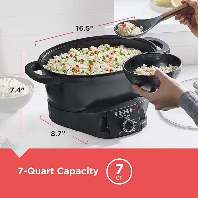 BLACK+DECKER Multicooker 7QT Family Size, 5-in-1 Functions, Neat ‘N Clean™ Technology, Slow Cook, Steam/Boil, Precision Roast, Sear/Saute, & Rice
