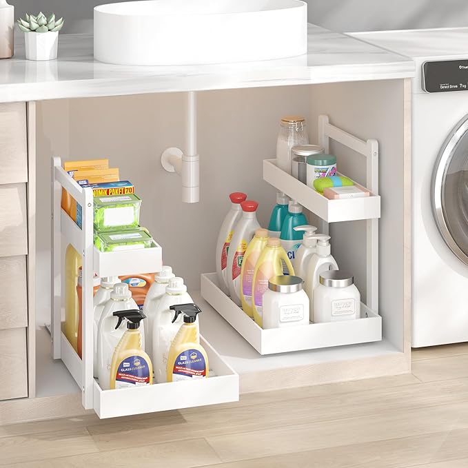 Under Sink Organizer - 1-Tier Pull Out Cabinet Organizer Vertical Slide Out Sink Shelf Storage Shelves for Multi-Purpose Bath Kitchen Bathroom Medicine (White, 1 Pack)