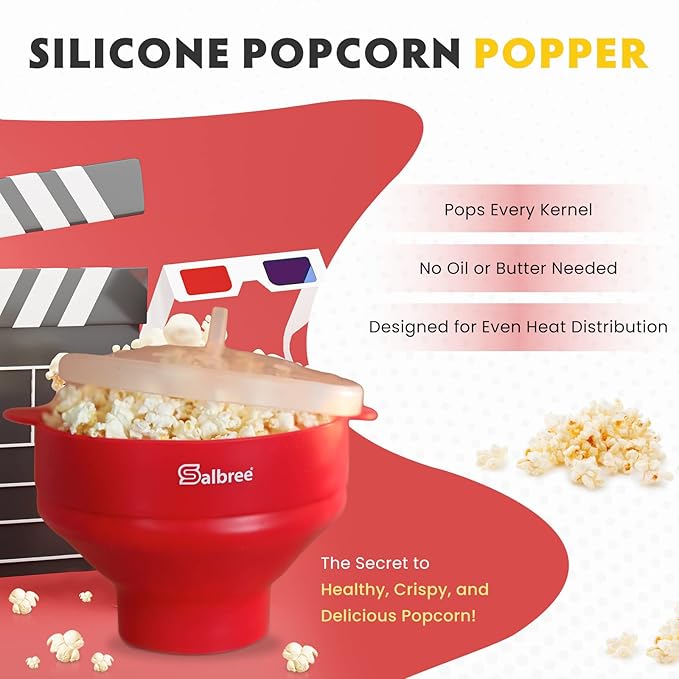 The Original Salbree Collapsible Silicone Microwave Popcorn Popper Maker Machine, Microwavable Bowl Holds 16 Cups, Uses Hot Air and Oil Always Optional - The Most Colors Available (Clear Blue)