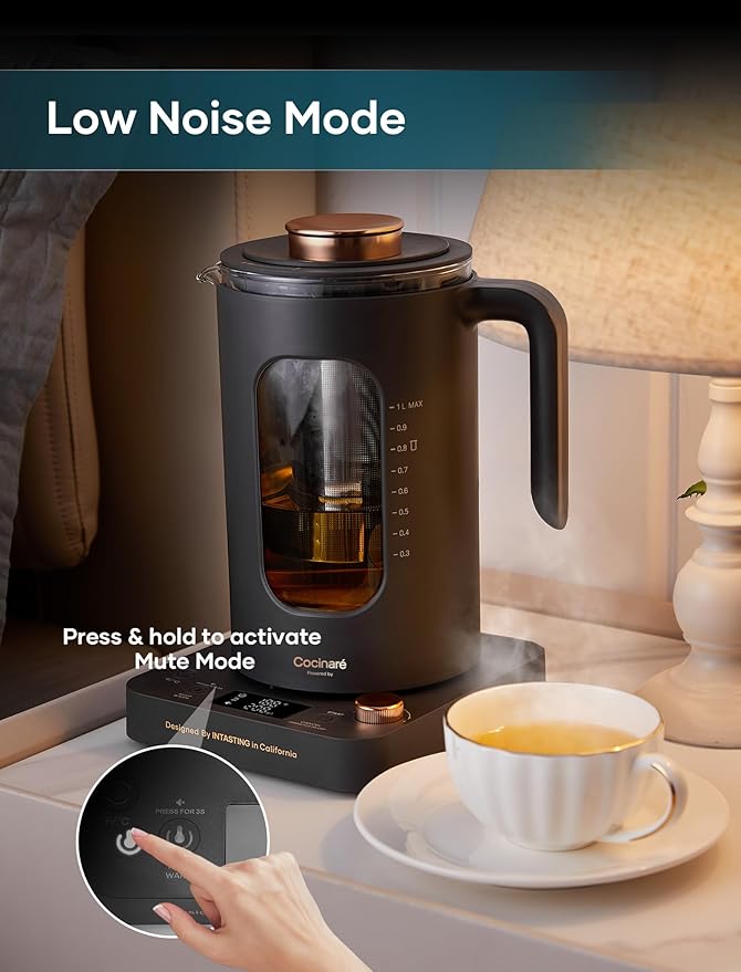 INTASTING Electric Tea Kettle, Electric Kettle with Tea Infuser, ±1℉ Knob Temperature Control, BPA-Free Glass, 1200W Fast Heating, Easy to Clean, 1 Liter (Dark Gray)