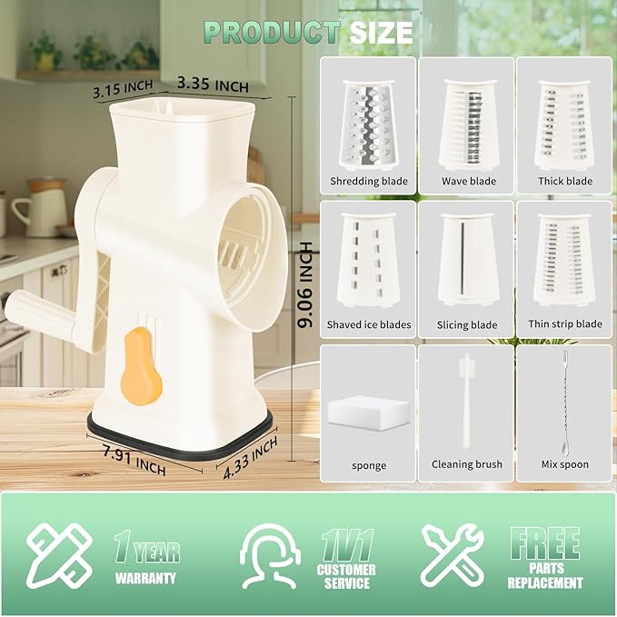 2025 Upgrade 6-In-1 Cheese Grater【 Military-Grade SUS304 Blade - 3S Fast Cut】【SGS Certification - German Nano Strong Suction Base】Cheese Grater Hand Crank Suitable for Home Use(White)
