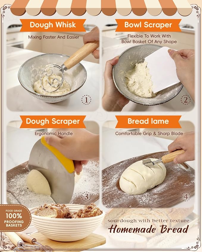 Complete Sourdough Starter Kit | Easy to Clean & Use for Beginners & Bakers | Natural Rattan Proofing Basket with Full Accessories | Sourdough Bread Baking Supplies for Bakers Women Wife
