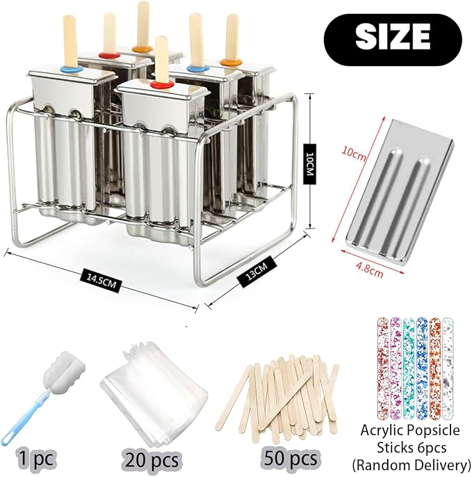 Set of 6 Stainless Steel Popsicle Molds Kit, Homemade Ice Treat Makerwith 50 Wooden Sticks and 6 Silicone Seals and 20 Pop Bags,Cleaning Brush（Square）