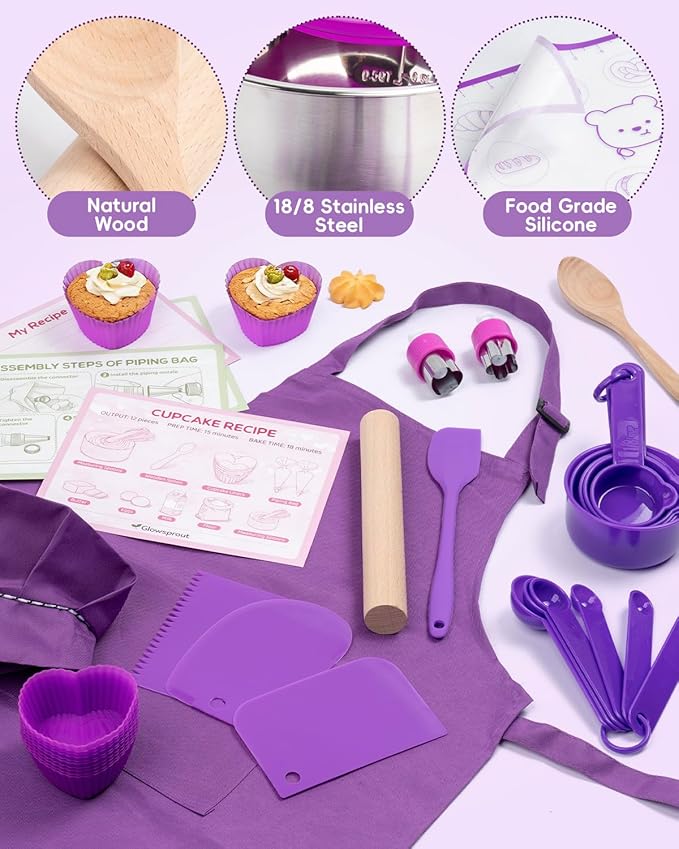 Kids Baking Set–Real Cooking Set for Kids with Kids Cooking Utensils & Kitchen Accessories, Measuring Tools & Baking Supplies,Great Gift for Pretend Play & Montessori Learning (Purple)
