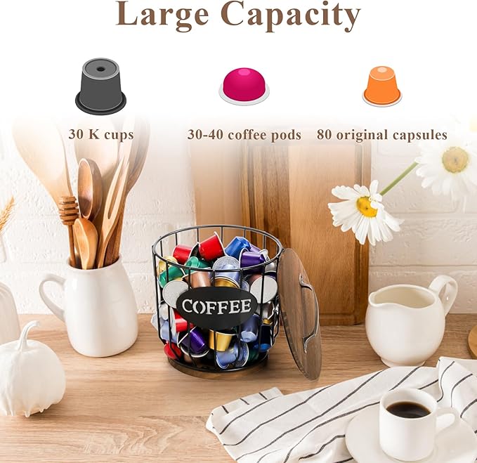 yarlung Coffee Pod Holder with Lid, Large Capacity K Cup Holder with Rustic Wooden Base, Black Wire Coffee Storage Basket for Kitchen Countertop, Cafe Bar Organizer