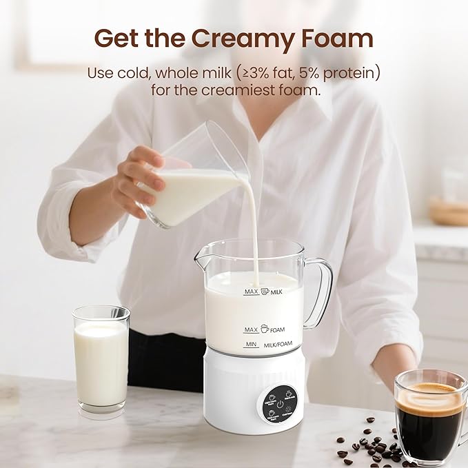 Casimhu 4-in-1 Milk Frother, Electric Milk Frother and Steamer with LED Touch Screen, Ceramic Lining Bottom, Milk Warmer 13.52oz for Lattes, Cappuccinos, and Macchiatos at Home, White
