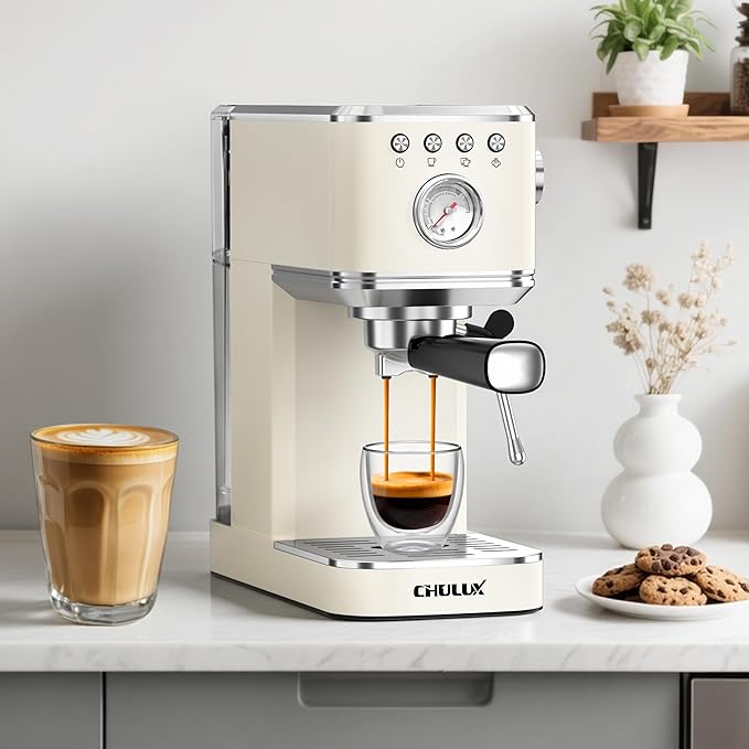 CHULUX Slim Espresso Machine with Milk Frother, 20 Bar Professional Italian Pump Espresso Coffee Machine for Home Cappuccino & Latte Maker, Stainless Steel, Creamy