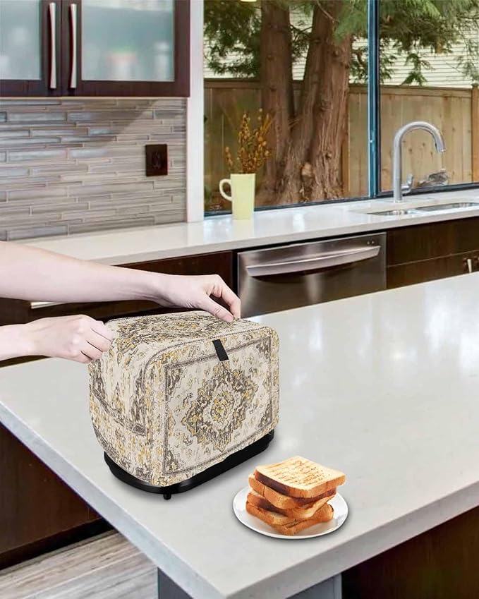 Beige Vintage Boho Toaster Cover 2 Slice, Ethnic Tribal Dustproof Bakeware Oven Protector with Top Hook, Geometric Abstract Waterproof Small Kitchen Appliance Toasters Dust Cover, 12"x7.5"x8"