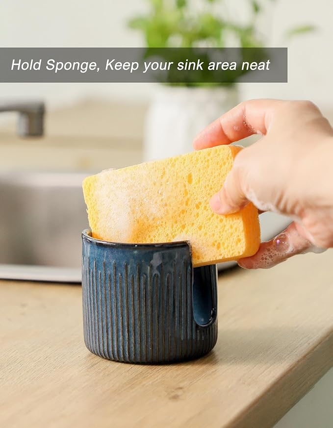 Ceramic Sponge Holder for Kitchen Sink, Scrub Sponge Dish Rack, Farmhouse Compact Sink Caddy Organizer, Glazed Blue