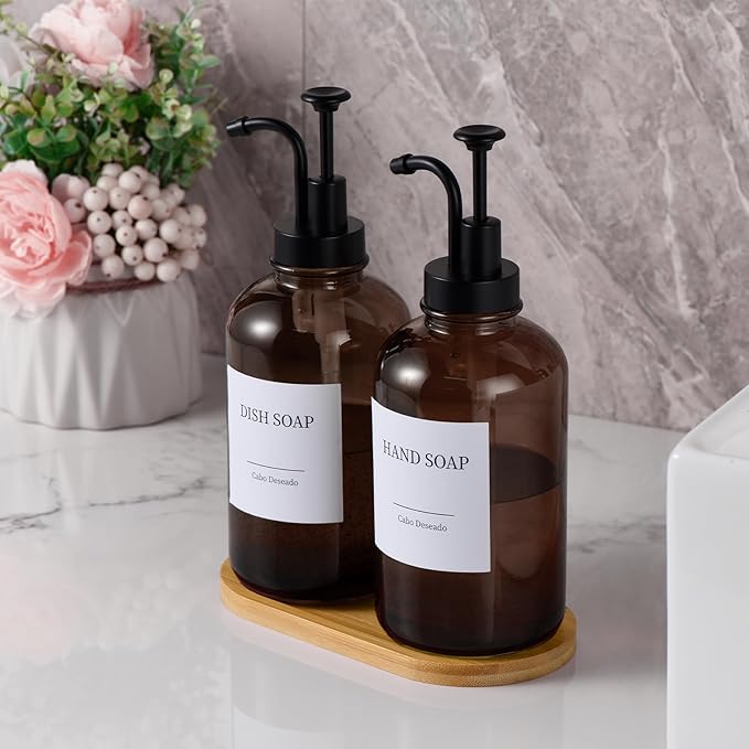 Glass Soap Dispenser with Pump, Dish and Hand Soap Dispenser for Kitchen Bathroom Set, Clear Glass Dispenser Set of 2 Pack with 18 Stickers Funnel Bamboo Tray 500ml 18oz Amber