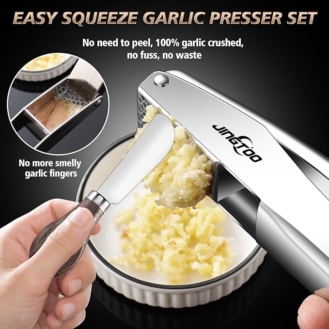 Garlic Press Stainless Steel, Premium Garlic Mincer - 5 Years Warranty - No Need to Peel Garlic Crusher, Ginger Masher & Presser Large Trough Ergonomic Handle, Easy Squeeze，Dishwasher Safe