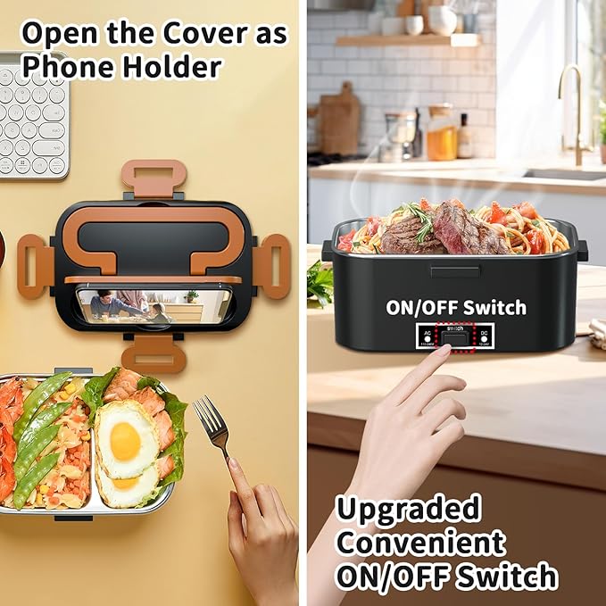 IFENROL Electric Heated Lunch Box for Adults, 100W 3-IN-1 2 Pack 1.8L Containers Heating Lunch Box for Men Portable Double Layer, Fast Heated Food Warmer,12V/24V/110V for Car Truck Office Home